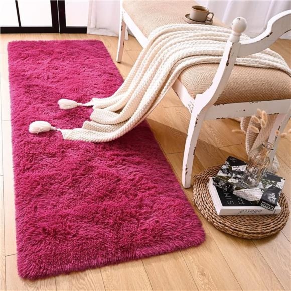 Soft Shag Runner Rug for Bedroom, 2x6 Feet Fluffy Rugs with Non-Slip, Rose Red - Picture 1 of 6